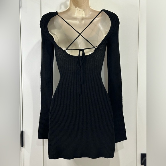 SOLD Princess Polly Brownhall Long Sleeve Ribbed Bell Sleeve Black Mini Dress - Picture 6 of 15